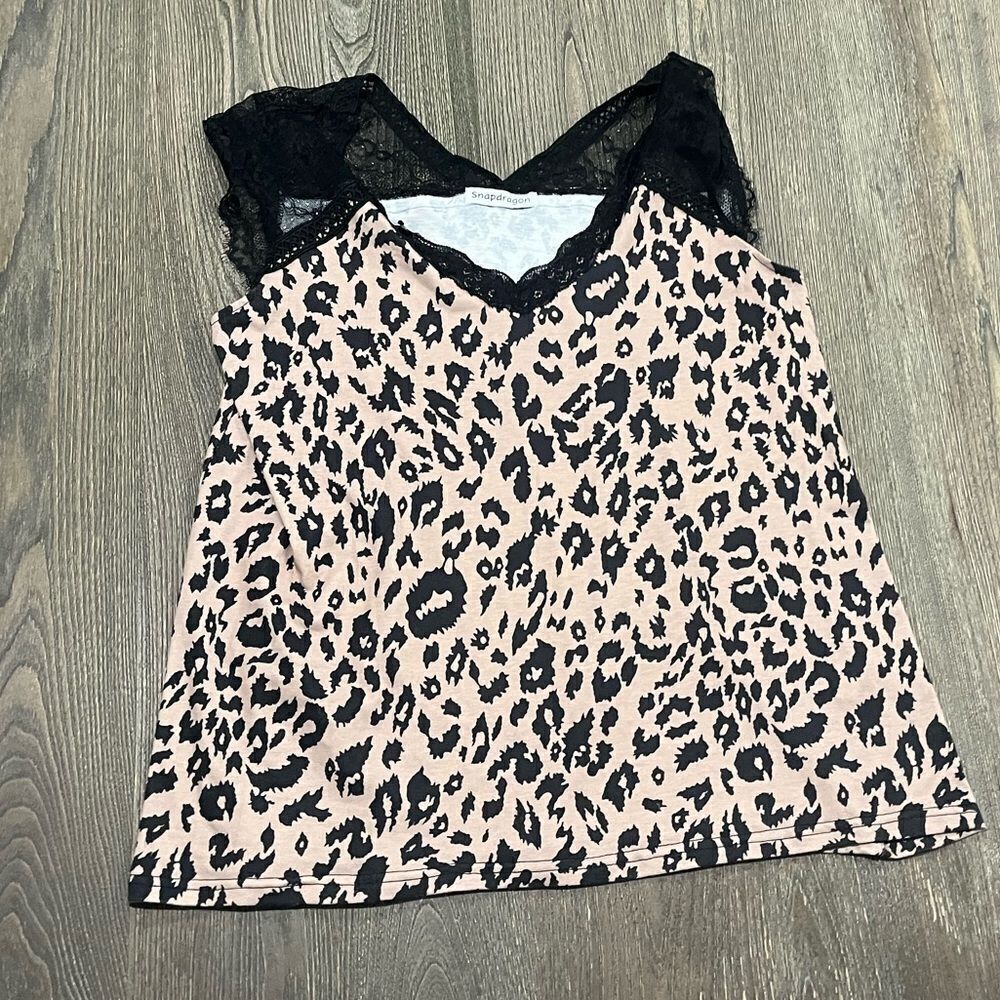 Snapdragon Blouse Pullover Sleeveless V Neck Lace Leopard Cream/Black Size L